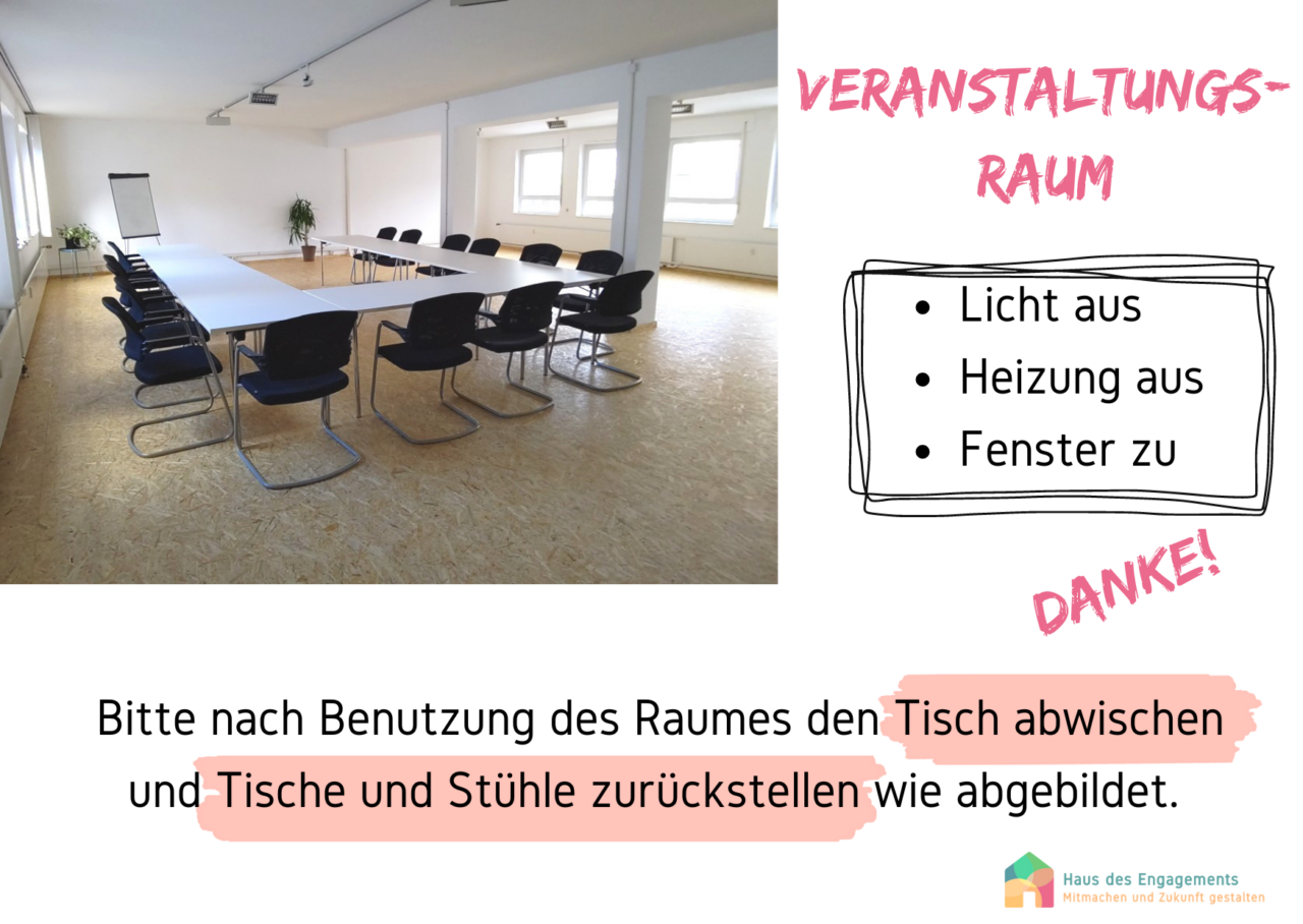 Bitte nach Benutzung des Raumes den Tisch abwischen und Tische und Stühle zurückstellen wie oben abgebildet. 
Ebenfalls wichtig: 
- Licht aus
- Heizung aus
- Fenster zu